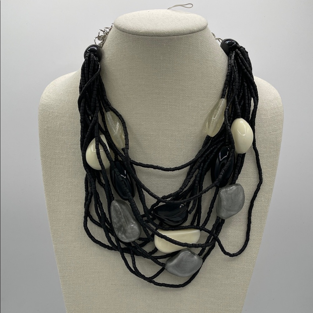 4.15.26-29 Chico's Multi-Strand Black Necklace with Cream, Black, Gray Accents